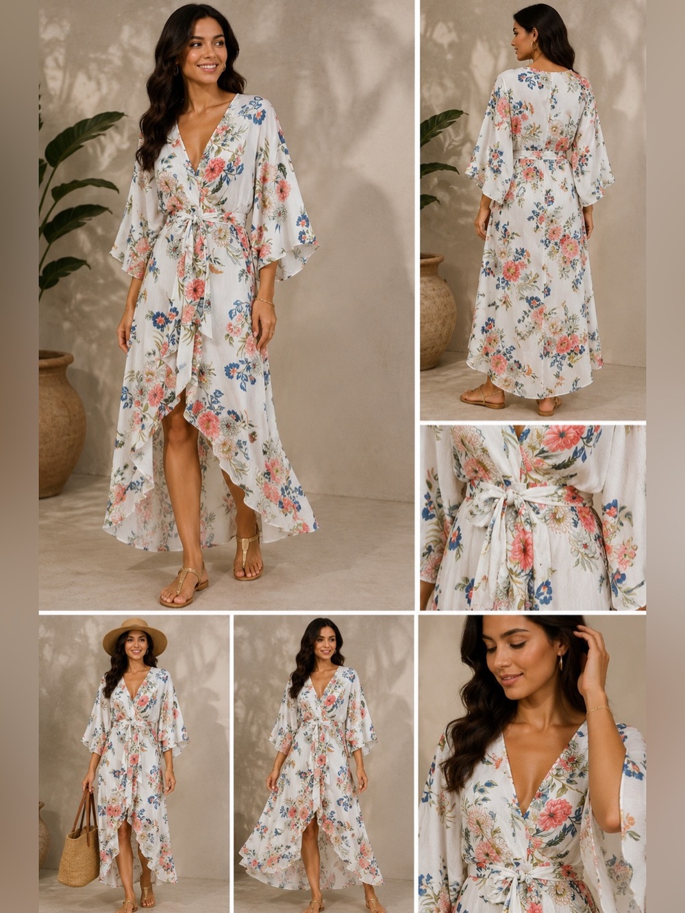 Petal & Pup Floral Wrap Midi Dress White Pink Tie Waist Boho Romantic US 6